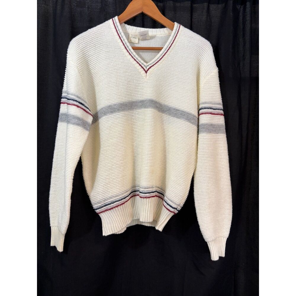 Vintage 70s Alfie California Striped V-Neck Knit Sweater Mens XL White Red Blue